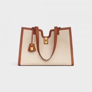 Celine CABAS in TEXTILE AND CALFSKIN 16 Natural / Tan | CL-593253