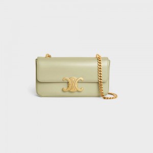 Celine CHAIN SHOULDER BAG in shiny calfskin Triomphe ALMOND GREEN | CL-593228