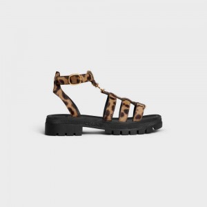 Celine CLEA TRIOMPHE GLADIATOR CHUNKY in LEOPARD PRINTED HAIRY CALFSKIN Sandals Black / Brown / Beige | CL-592573