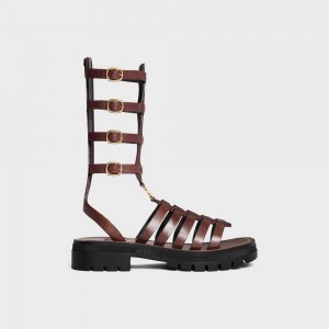 Celine CLEA TRIOMPHE GLADIATOR MID in CALFSKIN & VEGETAL TANNING Sandals Dark Brown | CL-592576