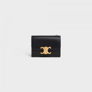 Celine COMPACT WITH COIN TRIOMPHE in Shiny calfskin Wallets Black | CL-592979