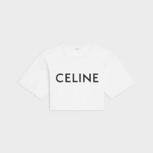 Celine CROPPED IN COTTON JERSEY T-shirts Ecru / Black | CL-592791