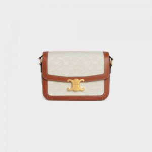 Celine Classique Bag in TEXTILE WITH ALL-OVER AND CALFSKIN Triomphe Natural / Tan | CL-593182