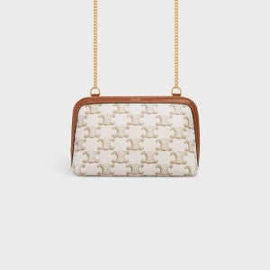 Celine Clutch with Chain in Triomphe canvas and Lambskin Mini Bags White/Tan | CL-593032