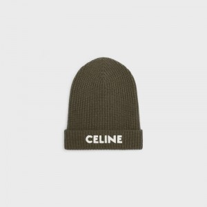 Celine EMBROIDERED BEANIE IN RIBBED FELTED WOOL Hat Khaki | CL-591716