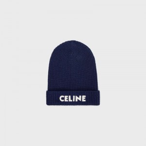 Celine EMBROIDERED BEANIE IN RIBBED FELTED WOOL Hat Navy | CL-591715