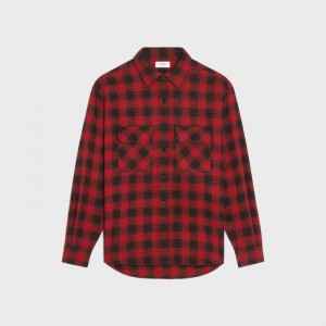 Celine LOOSE IN CHECKED WOOL Shirts Red/ Black | CL-592158