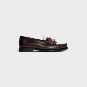 Celine LUCO WITH TRIOMPHE TASSELS in POLISHED BULLSKIN Loafers Dark Brown/White | CL-592529