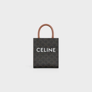 Celine Mini Vertical Cabas in and calfskin with print Triomphe Canvas Tan | CL-593134