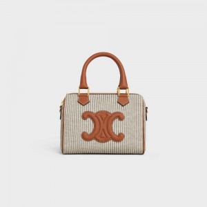 Celine SMALL BOSTON in STRIPED TEXTILE AND CALFSKIN Cuir Triomphe Beige | CL-593151