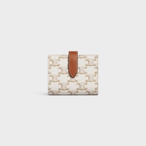 Celine Small Strap Essentials in Triomphe Canvas and Lambskin Wallets White/Tan | CL-592988