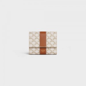 Celine Small Trifold in Triomphe Canvas and Lambskin Wallets White/Tan | CL-593005