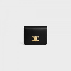 Celine TRIOMPHE COMPACT in Shiny calfskin Wallets Black | CL-592964