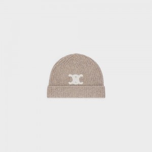 Celine TRIOMPHE EMBROIDERED BEANIE IN SEAMLESS CASHMERE Hat Sand | CL-592369