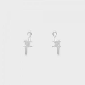 Celine Triomphe Asymmetric Hoops in Brass with Rhodium Finish Earrings Silver | CL-592296