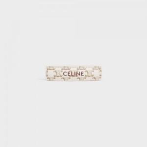 Celine Triomphe Canvas Hair Clip in Calfskin, Steel and Canvas Hair Accessories Gold / White | CL-592335