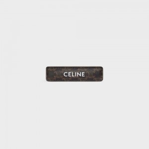 Celine Triomphe Canvas Hair Clip in Calfskin, Steel and Canvas Hair Accessories Gold / Tan | CL-592334