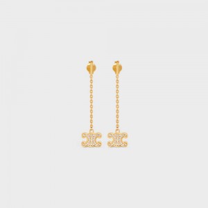 Celine Triomphe Rhinestone Long in Brass with Gold Finish and Crystals Earrings Gold | CL-592302