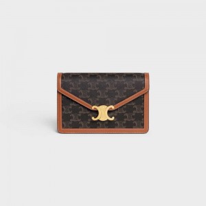 Celine WALLET ON CHAIN TRIOMPHE in TRIOMPHE CANVAS AND CALFSKIN Mini Bags Tan | CL-593025