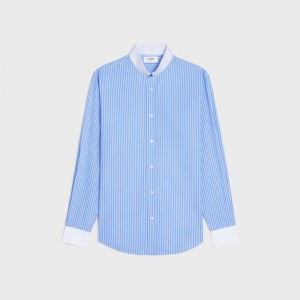 Celine loose with inverted collar in striped cotton Shirts Ciel/Blanc | CL-592173