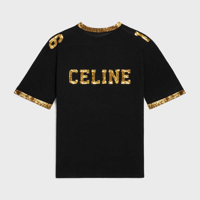 Celine 16 embroidered in jersey mesh T-shirts Black / Gold | CL-592124