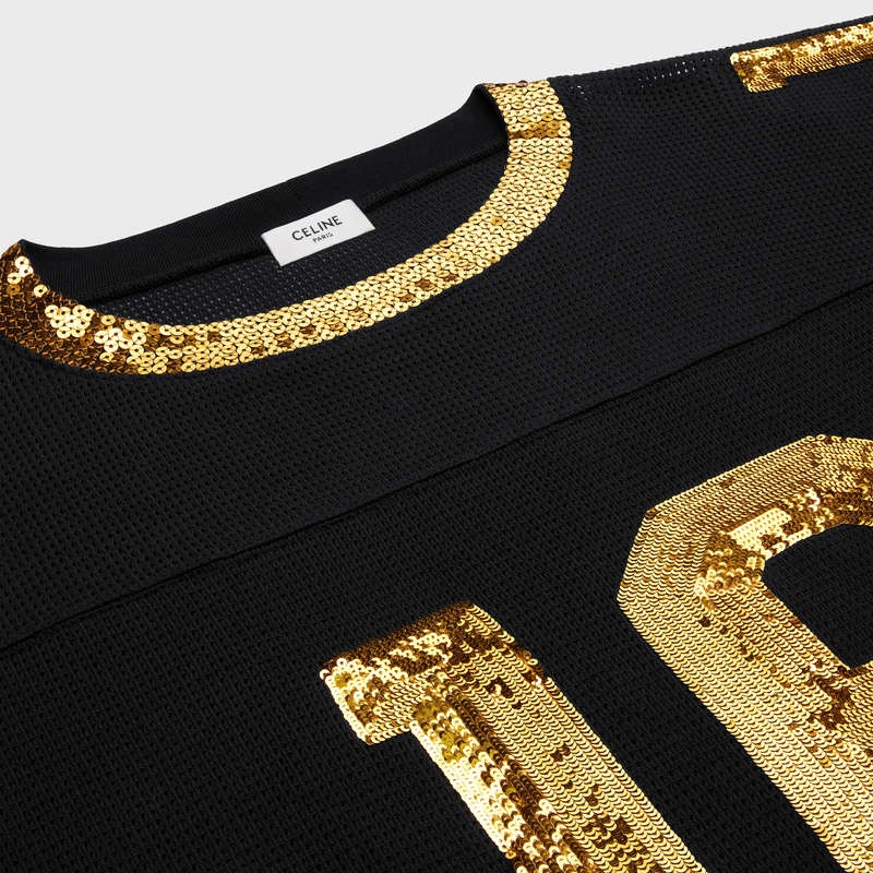 Celine 16 embroidered in jersey mesh T-shirts Black / Gold | CL-592124