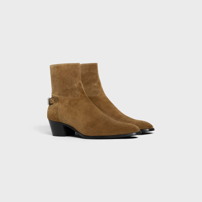 Celine BACK BUCKLE ZIPPED ISAAC in Suede Calfskin Boots Taupe | CL-591863