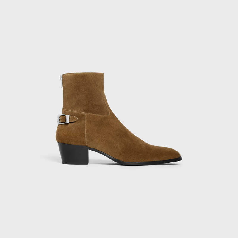 Celine BACK BUCKLE ZIPPED ISAAC in Suede Calfskin Boots Taupe | CL-591863