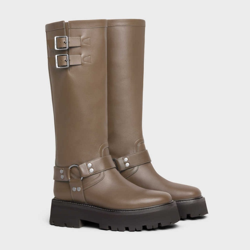 Celine BULKY BIKER HIGH in Calfskin Boots Khaki/Silver | CL-592501