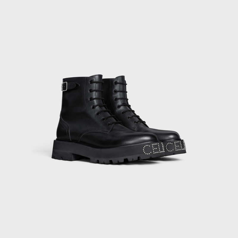 Celine BULKY LACE-UP WITH STUDDED OUTSOLE in SHINY BULL On Sale - Mens Boots  Black