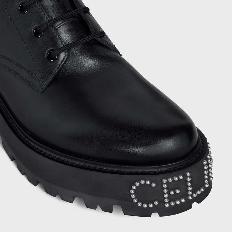 Celine BULKY LACE-UP WITH STUDDED OUTSOLE in SHINY BULL Boots Black | CL-591878