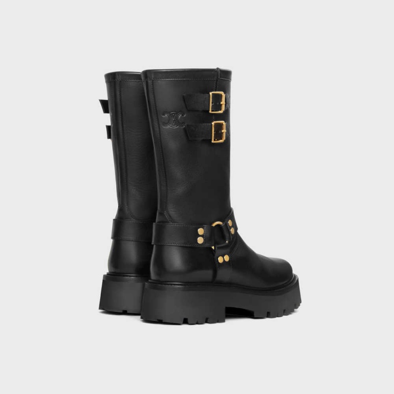 Celine BULKY MID BIKER WITH HARNESS in CALFSKIN - VEGETAL TANNING Boots Black / Gold | CL-592502