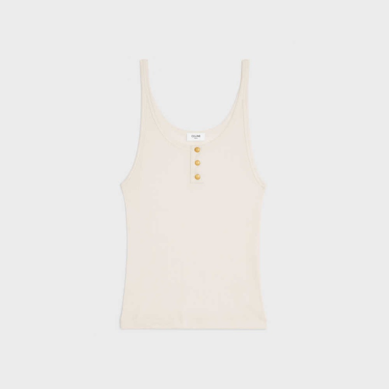 Celine Buttoned tank in ribbed silk jersey Tops Off White | CL-592839