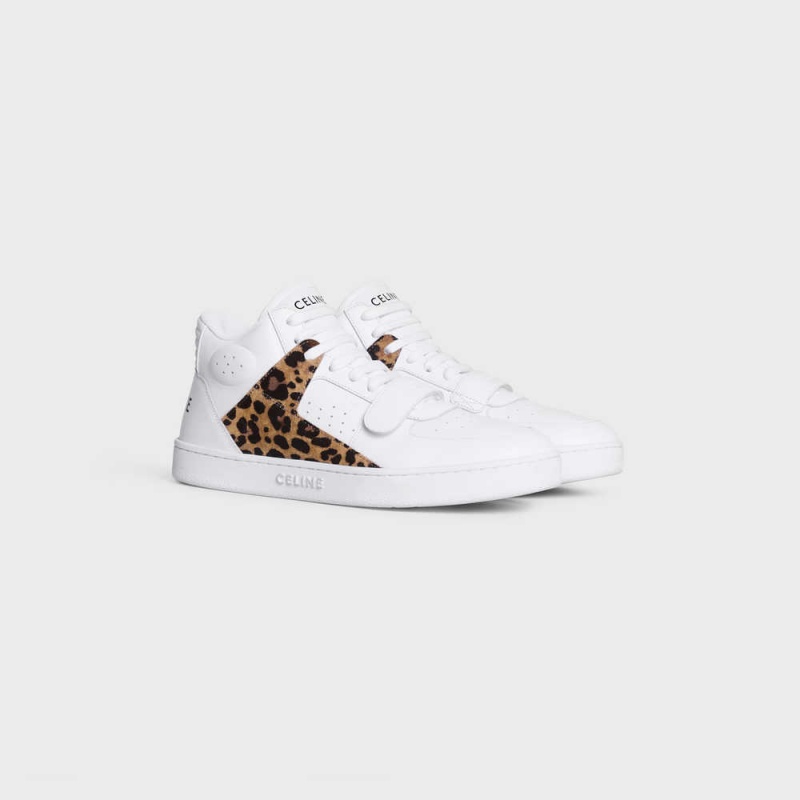 Celine C02 TRAINER MID WITH SCRATCH in CALFSKIN & LEOPARD PRINTED SUEDE CALFSKIN Sneakers Optic White/Black/Brown | CL-592543