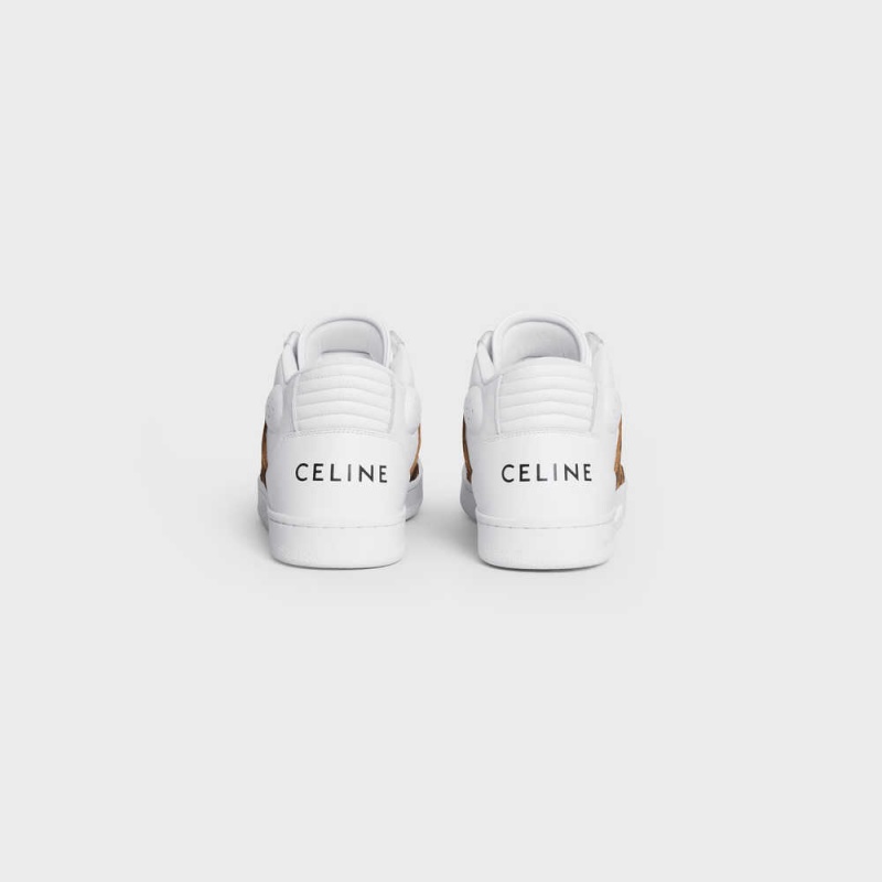 Celine C02 TRAINER MID WITH SCRATCH in CALFSKIN & LEOPARD PRINTED SUEDE CALFSKIN Sneakers Optic White/Black/Brown | CL-592543