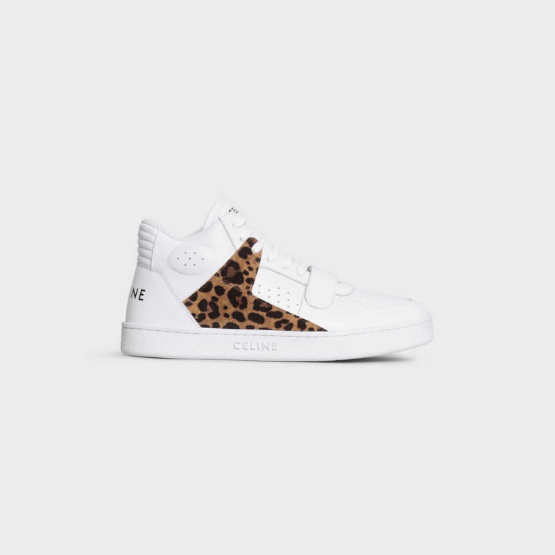 Celine C02 TRAINER MID WITH SCRATCH in CALFSKIN & LEOPARD PRINTED SUEDE CALFSKIN Sneakers Optic White/Black/Brown | CL-592543