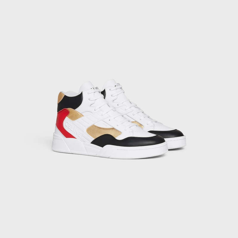 Celine C06 HIGH in CALFSKIN & LAMINATED CALFSKIN Sneakers Optic white/Black/Red/Gold | CL-591907