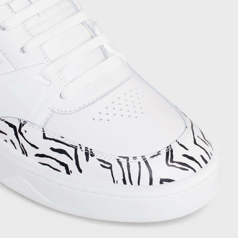 Celine C07 TRAINER LOW LACE-UP in CALFSKIN & ZEBRA STAMPED CALFSKIN Sneakers Optic White / Black | CL-591899