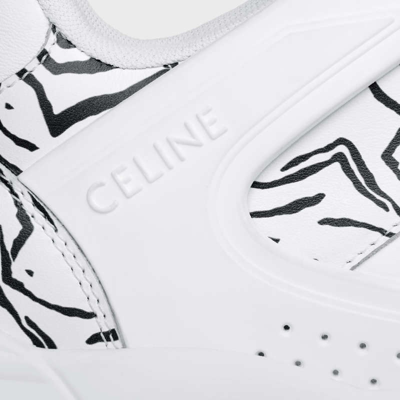 Celine C07 TRAINER LOW LACE-UP in CALFSKIN & ZEBRA STAMPED CALFSKIN Sneakers Optic White / Black | CL-591899