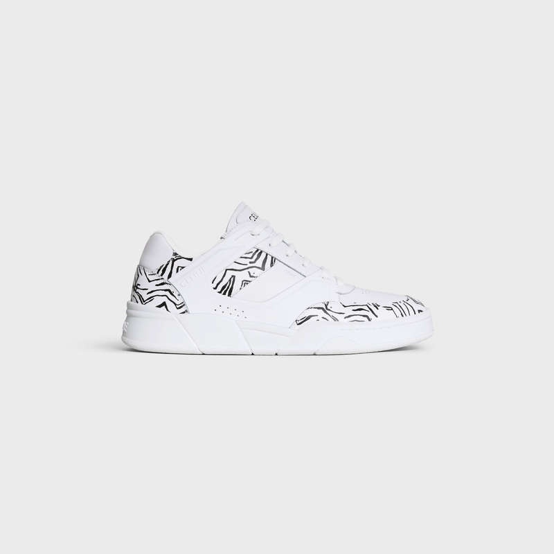 Celine C07 TRAINER LOW LACE-UP in CALFSKIN & ZEBRA STAMPED CALFSKIN Sneakers Optic White / Black | CL-591899