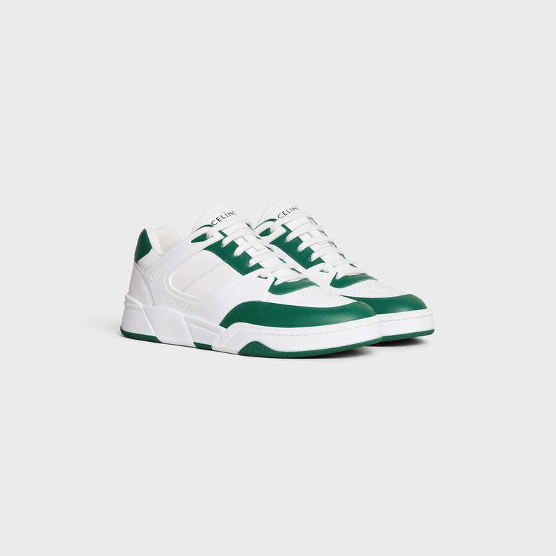 Celine C07 TRAINER LOW LACE-UP in CALFSKIN Sneakers Optic White/Dark Green | CL-591898