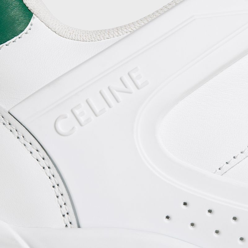 Celine C07 TRAINER LOW LACE-UP in CALFSKIN Sneakers Optic White/Dark Green | CL-591898