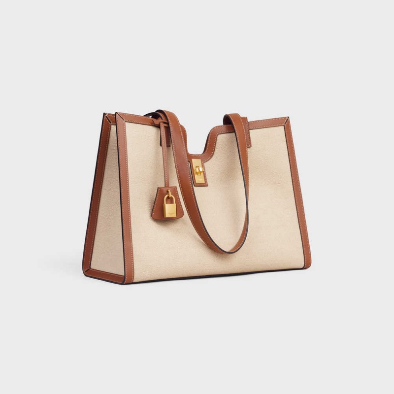 Celine CABAS in TEXTILE AND CALFSKIN 16 Natural / Tan | CL-593253