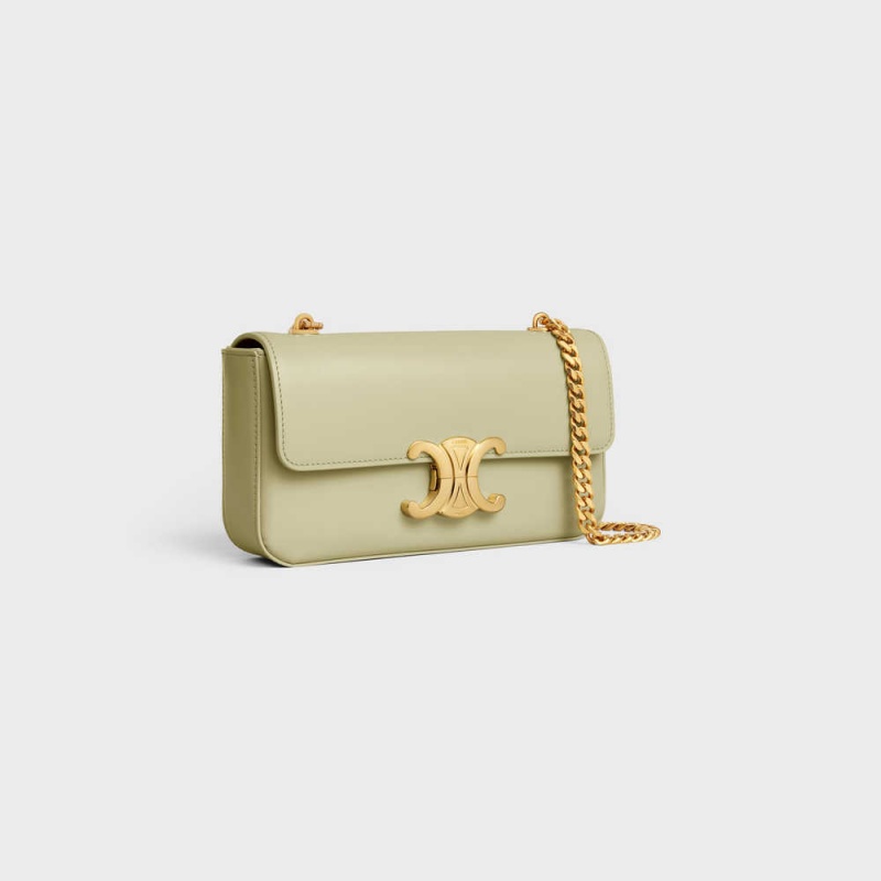 Celine CHAIN SHOULDER BAG in shiny calfskin Triomphe ALMOND GREEN | CL-593228