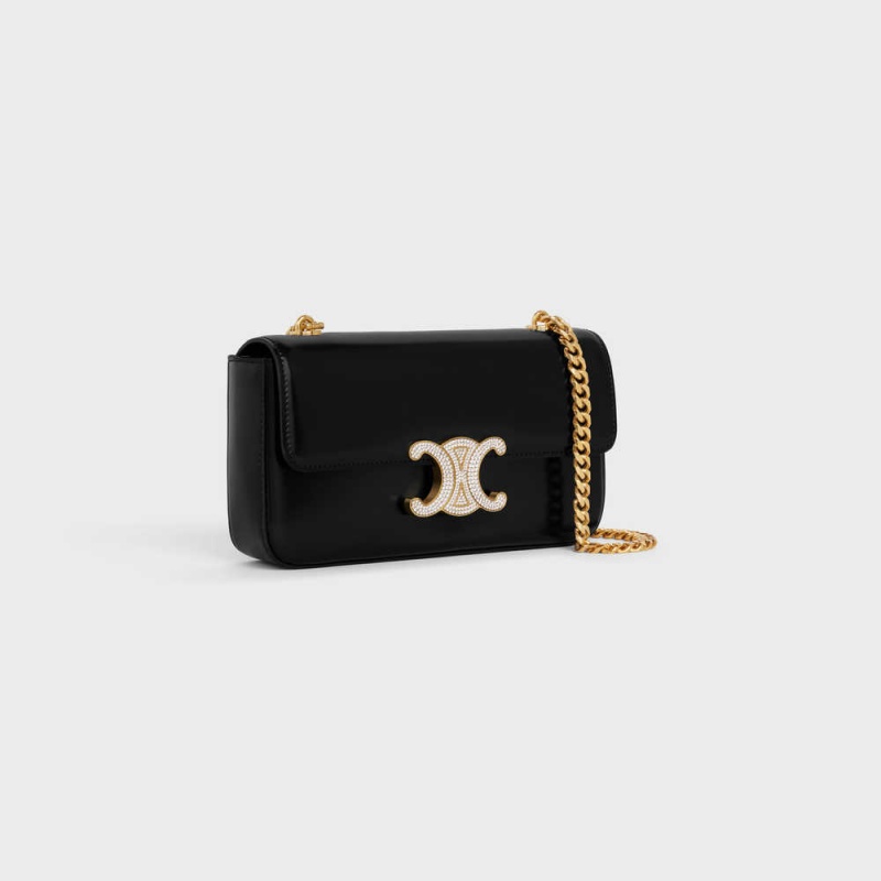 Celine CHAIN SHOULDER BAG with strass closure in shiny calfskin Triomphe Black | CL-593231