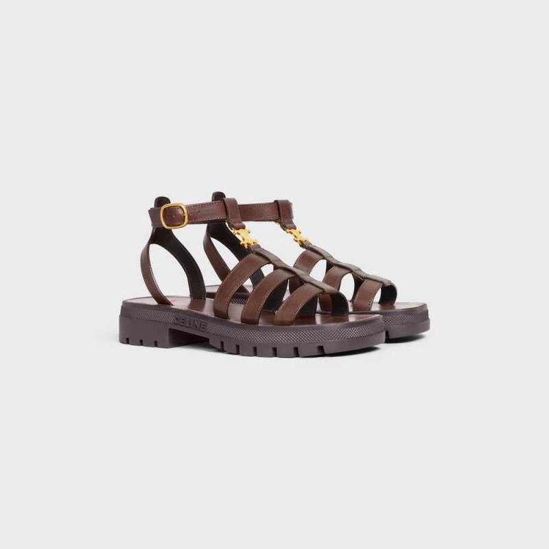 Celine CLEA TRIOMPHE GLADIATOR CHUNKY in CALFSKIN - VEGETAL TANNING Sandals Dark Brown | CL-592572