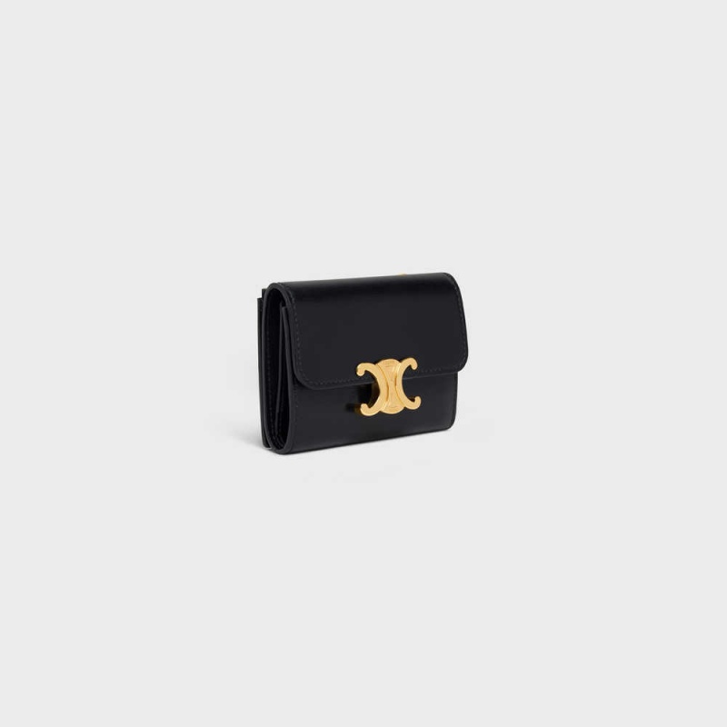 Celine COMPACT WITH COIN TRIOMPHE in Shiny calfskin Wallets Black | CL-592979