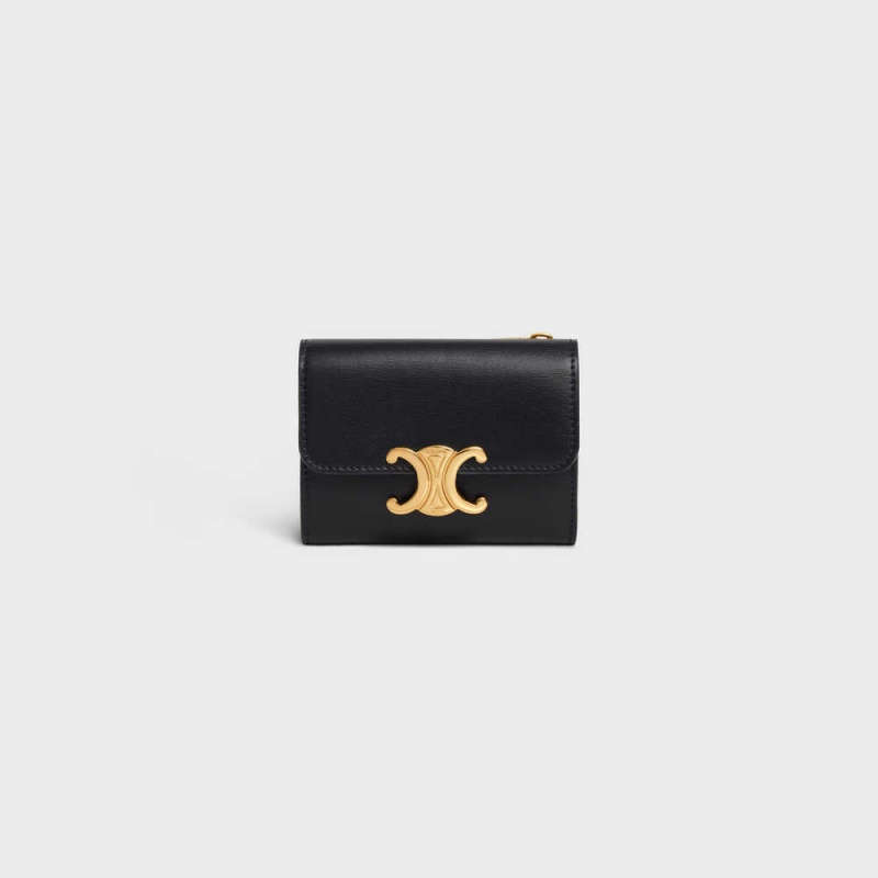 Celine COMPACT WITH COIN TRIOMPHE in Shiny calfskin Wallets Black | CL-592979