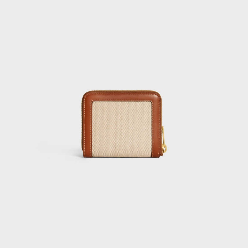 Celine COMPACT ZIPPED CUIR TRIOMPHE in Textile and calfskin Wallets Natural / Tan | CL-592997