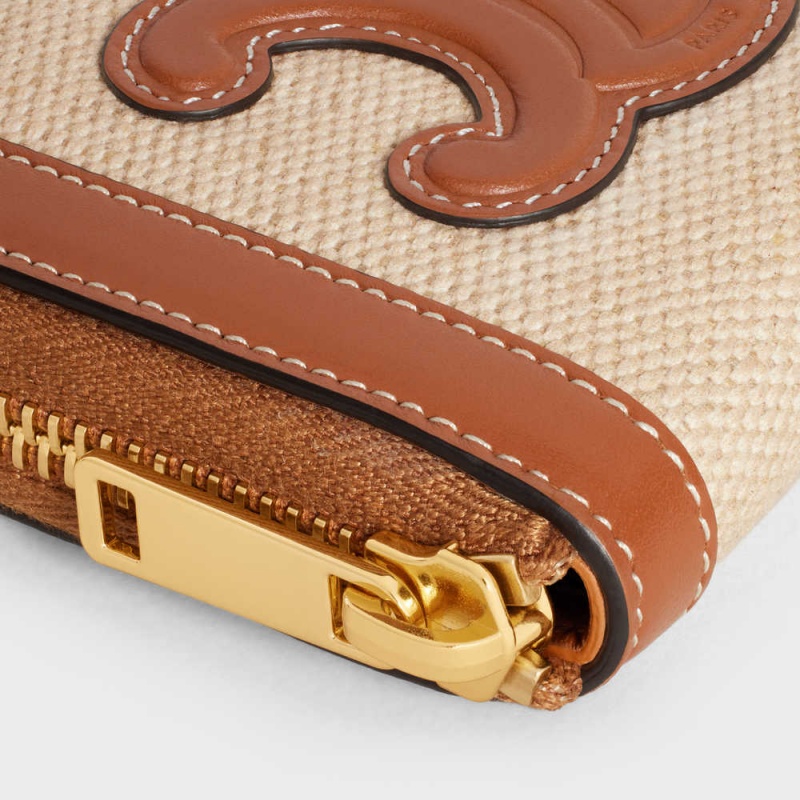 Celine COMPACT ZIPPED CUIR TRIOMPHE in Textile and calfskin Wallets Natural / Tan | CL-592997